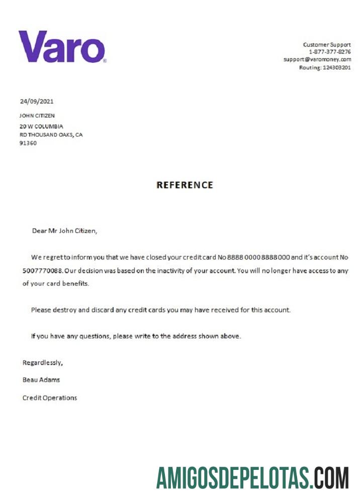 Referência de fechamento Varo dos EUA exemplo real